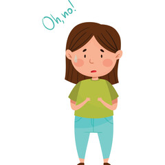 Concerned Young Girl With Brown Hair Wearing A Green T Shirt And Blue Jeans Expressing Worry And Stress With Sweat Droplets on Forehead