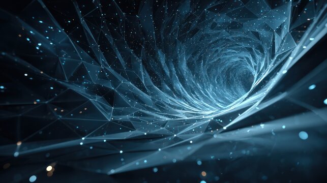 A digital vortex tunnel of interconnected lines and glowing particles - Powered by Adobe