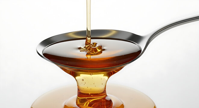 Golden liquid syrup pouring from a spoon into a pool of syrup