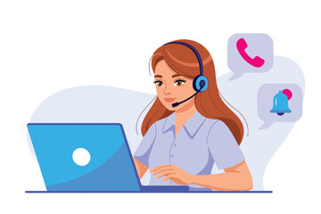 Vector illustration of customer service representative with headset and laptop, handling calls and notifications for support and communication