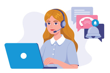 Vector illustration of customer service representative with headset and laptop, communication and support concept