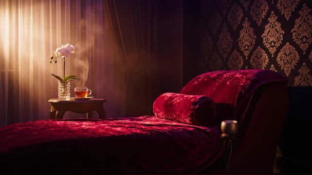Elegant chaise lounge with tea and orchid in a relaxing room.