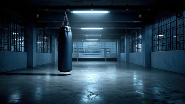A dimly lit boxing gym with hanging heavy bag. Concrete floor and large windows - Powered by Adobe