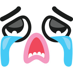 Crying cartoon face graphic with black eyebrows blue tears pink mouth red background and white outline for expressing sadness and sorrow