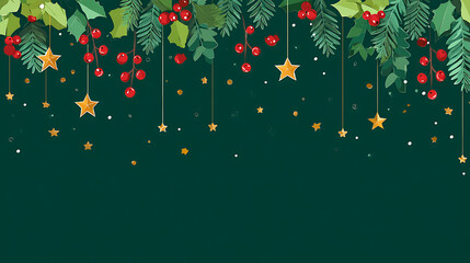 Christmas-themed background with green color palette, holly leaves, red berries, and bright stars. Elegant festive vector illustration for seasonal celebration designs.
