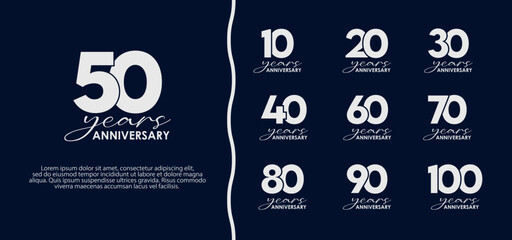 Silver anniversary logo set design collection — elegant 10 to 100 years celebration badges on dark blue background, modern vector template for event branding