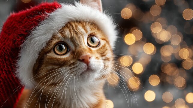 Cute ginger cat wearing Santa hat with warm bokeh Christmas lights cozy festive holiday pet portrait on soft blurred background - Powered by Adobe