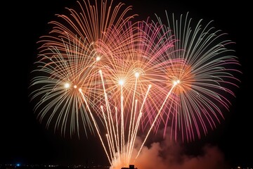 Vibrant fireworks explode in night sky, dazzling display of orange, pink, and green bursts against dark backdrop.