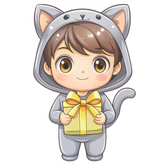 cute chibi boy wearing a green dinosaur onesie costume holding a gift box clipart white background 