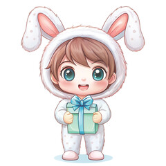 cute chibi boy wearing a green dinosaur onesie costume holding a gift box clipart white background 