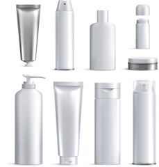 Set of empty cosmetics container isolated on white background