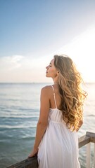 Obraz premium A woman in a white dress stands on a wooden pier overlooking the ocean with her face turned towards the sun