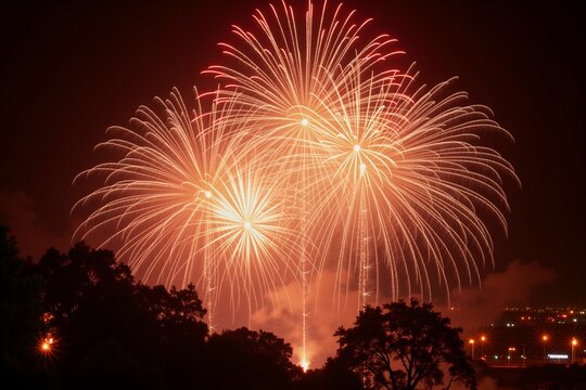 Night sky bursts with golden and pink fireworks, silhouetted trees below. festive celebration lights illuminate the horizon.