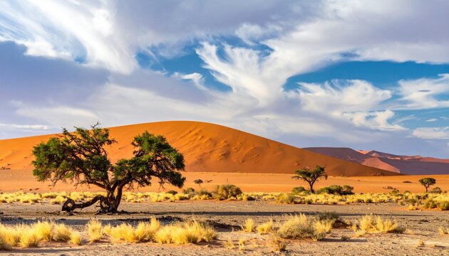Desert dune scene with arid trees and striking sky