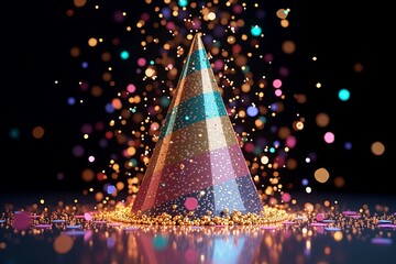 Colorful party hat surrounded by glittering confetti, vibrant lights against dark background. Celebratory atmosphere captured in vivid detail.