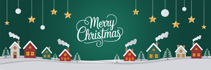 Green Merry Christmas and Happy New Year Greeting Card – Paper Art Style Winter Landscape with Snowy Forest, Red Village Houses, and Festive Holiday Celebration Background