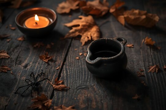 Warm glowing candle and dark ceramic pitcher on rustic wooden table with scattered autumn leaves and dried petals