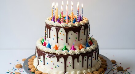 Delicious two tier birthday cake with candles and chocolate drip icing detail