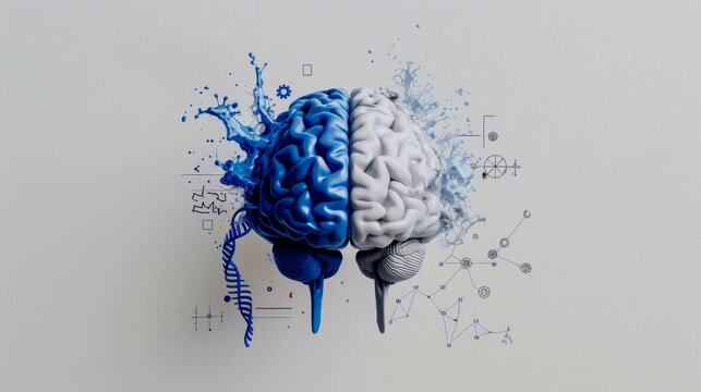 Simple, bold line art of a brain is composed of a continuous line that also forms a double helix, a mathematical function graph, and a few key gear mechanisms. - Powered by Adobe