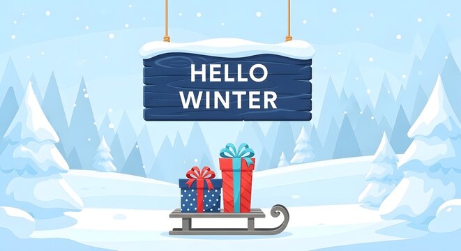 Hello winter scene with gifts on a sled in a snowy landscape cartoon illustration