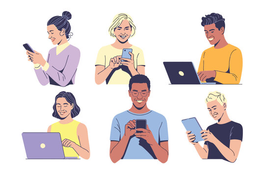 Vector illustration of collection of diverse individuals interacting with technology, including smartphones, laptops, and tablets
