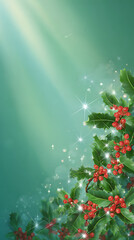 Beautiful Christmas background featuring holly leaves, red berries, and shining stars on a green backdrop. Perfect decorative vector design for holiday posters or greeting cards.