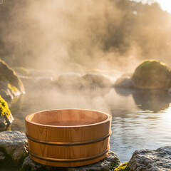 山の天然温泉の池のほとりの木製トレイ