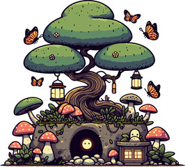 Enchanted Forest Dwelling with Glowing Lanterns and Butterflies