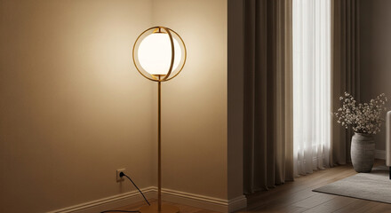 Modern minimalist floor lamp casts warm glow in elegantly styled contemporary living room corner with plush rug and vase of flowers