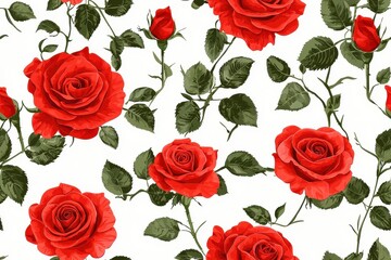 Fototapeta premium Flat style seamless pattern of red roses, isolate on white background.