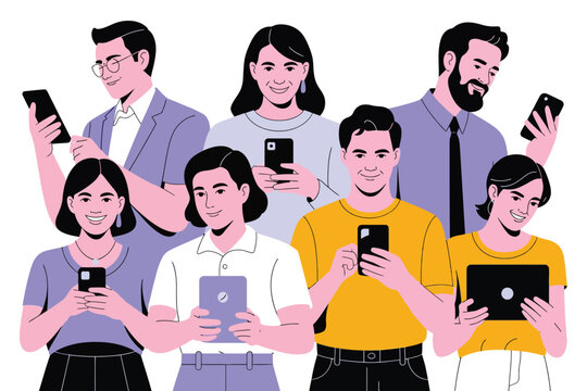Vector illustration of diverse group of people of various ages and ethnicities using smartphones, tablets, and laptops