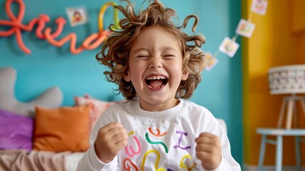 A cheerful Caucasian boy playing an educational game on a tablet