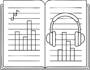 Open notebook with music notes and headphones illustration, creative sound learning and musical study design