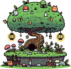 Whimsical Tree House Garden with Cute Creatures