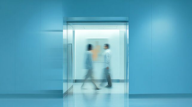 Two professionals walking in a modern elevator with a sleek blue design, symbolizing corporate movement and progress.