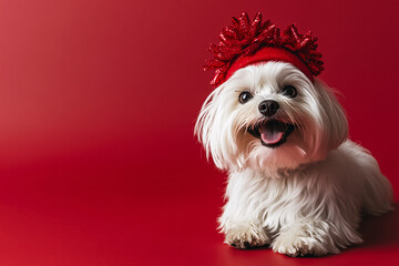 Cute Christmas Maltese Portrait on Solid Background