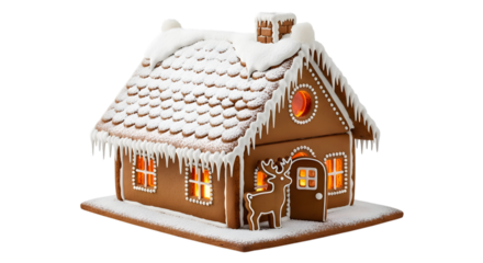 Gingerbread house with snow and icicles isolated on transparent background