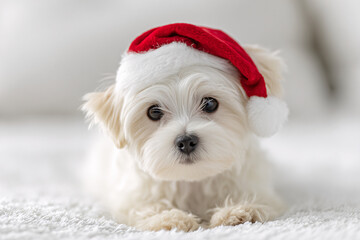 Cute Christmas Maltese Portrait on Solid Background