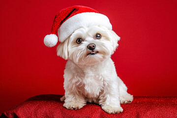Cute Christmas Maltese Portrait on Solid Background