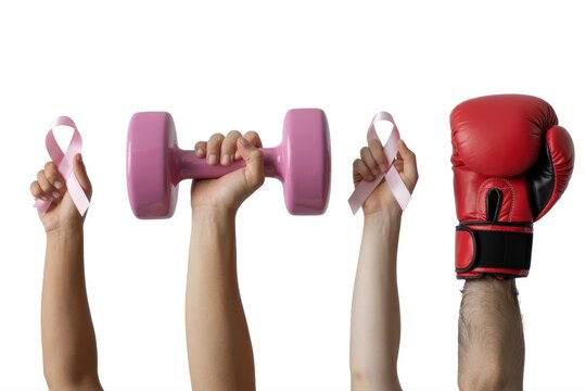 Breast cancer awareness ribbons dumbbell boxing glove strength fight against breast cancer health wellness