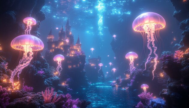 A mystical underwater world featuring mermaids, glowing jellyfish, and coral castles. Soft neon lights and floating bubbles — dreamy, fairytale-inspired aquatic realm.