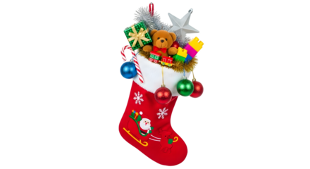 Christmas stocking filled with gifts isolated on transparent background