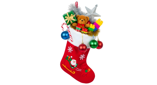 Christmas stocking filled with gifts isolated on transparent background