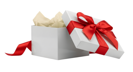 White gift box with red ribbon isolated on transparent background