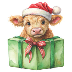 cute highland cow sitting on a big wrapped Christmas gift box clipart white background 