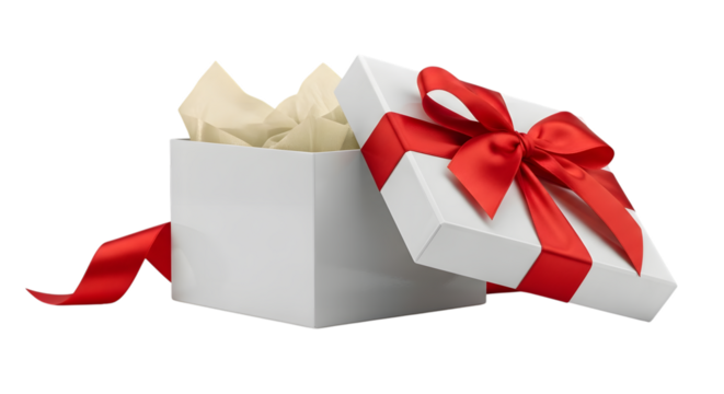 White gift box with red ribbon isolated on transparent background