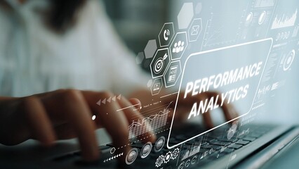 Digital Performance Analytics Concept with Hands Typing on a Laptop and Abstract Data Visualization Elements Surrounding. Asymptotic smart data analytic.