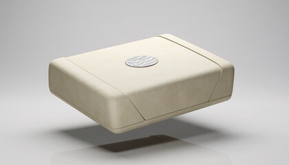 Sophisticated Luxury Product Packaging Mockup Elegant Cream-Colored Rectangular Box with Metallic Emblem Floating for Brand Presentation