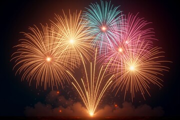 Vibrant fireworks burst in golden, pink, and blue hues against a dark night sky. Celebratory light display radiates joy and festivity.