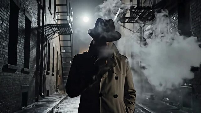 Mysterious Detective Walking Through Foggy Alley – Noir Crime Scene Cinematic Video